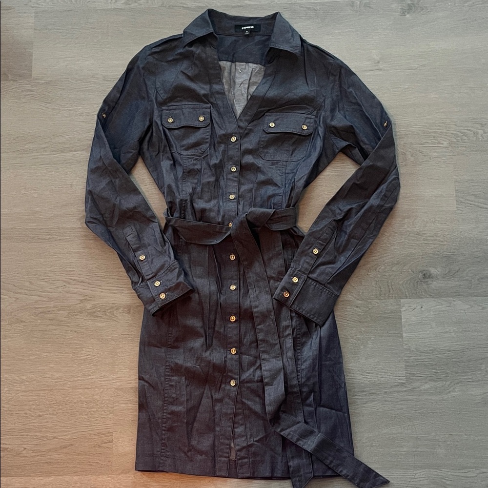 Express Navy Button-Up Dress with Belt